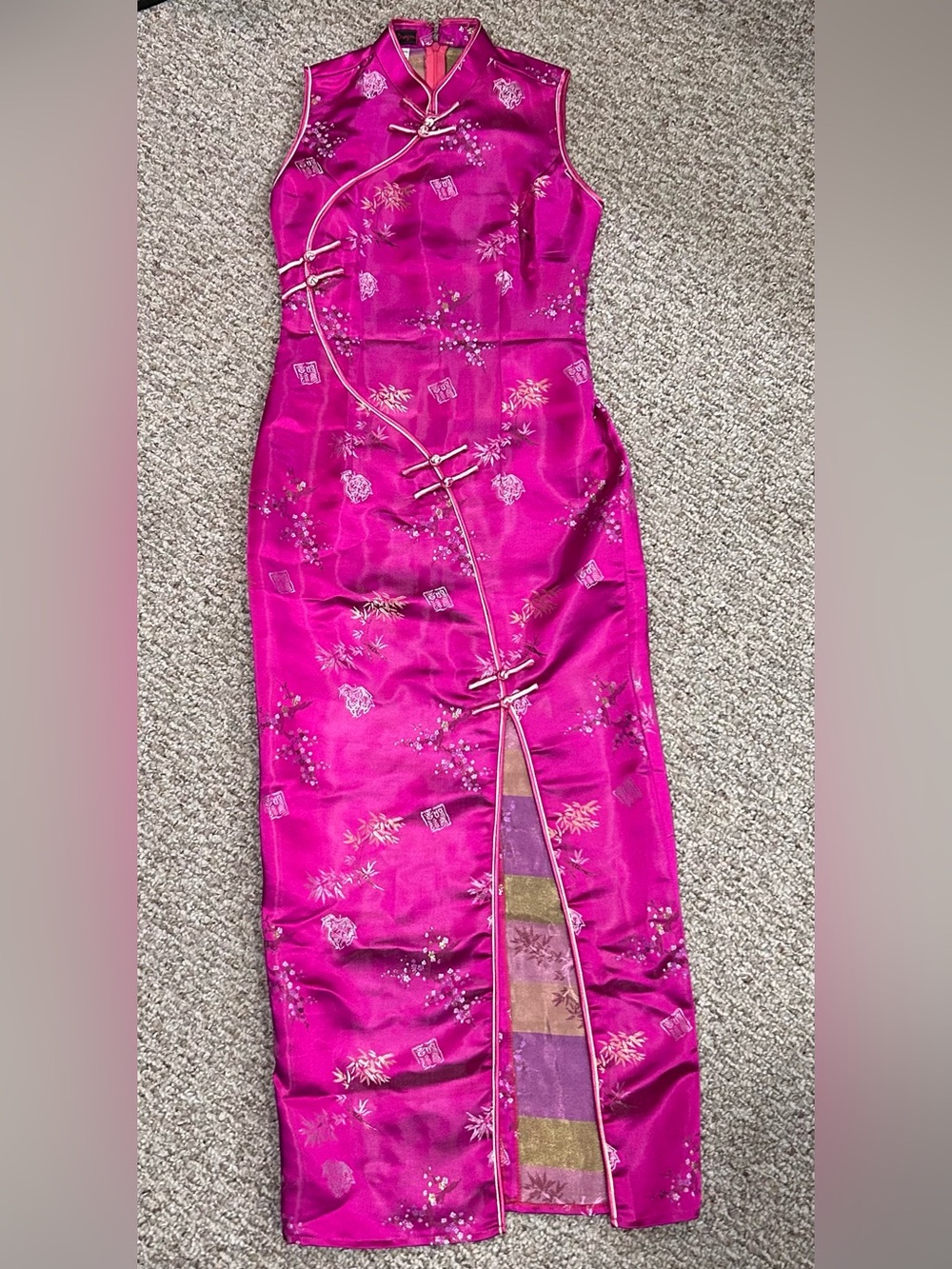 Fuchsia & Gold Floral Cheongsam Midi Dress